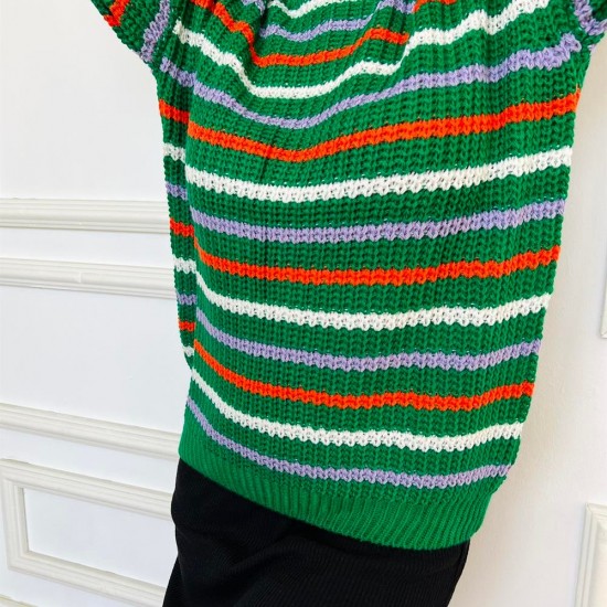 Kadın Yeşil Çizgili Örme Yumuşacık Triko Bisiklet yakalı Kazak