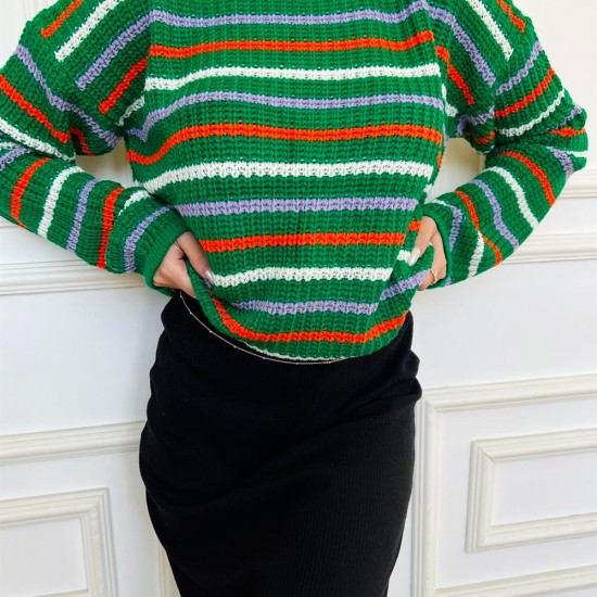 Kadın Yeşil Çizgili Örme Yumuşacık Triko Bisiklet yakalı Kazak