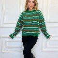 Kadın Yeşil Çizgili Örme Yumuşacık Triko Bisiklet yakalı Kazak