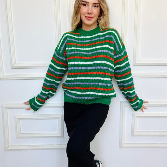 Kadın Yeşil Çizgili Örme Yumuşacık Triko Bisiklet yakalı Kazak