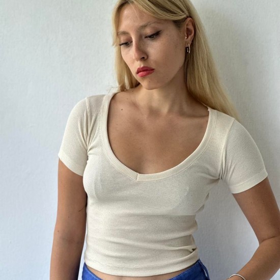 Kırık Beyaz Kaşkorse Kumaş Hafif V Yaka Badi Crop