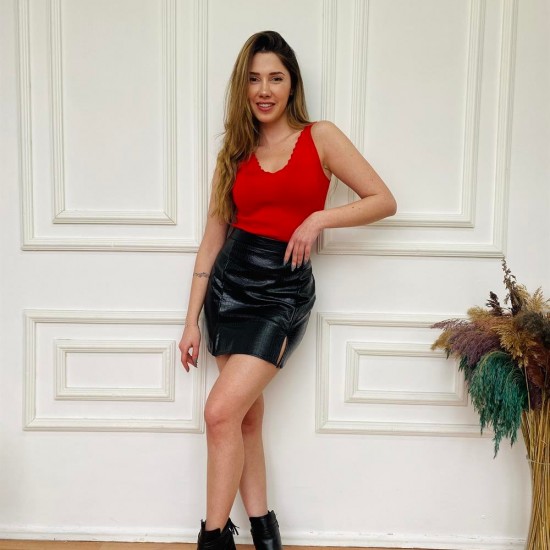 Kırmızı Triko Askılı Suni Deri Etek