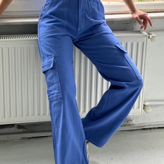 Mavi Kargo Cepli Wide Leg Yüksek Bel Kargo Pantolon