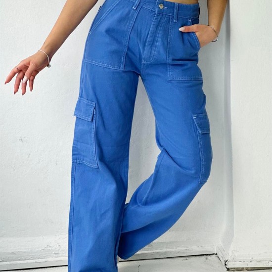 Mavi Kargo Cepli Wide Leg Yüksek Bel Kargo Pantolon