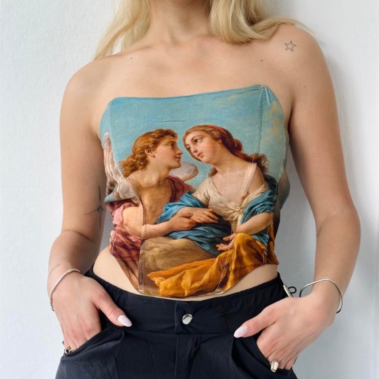 Renaissance Baskılı Straplez Korse Crop Büstiyer