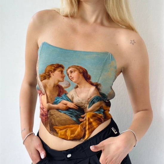 Renaissance Baskılı Straplez Korse Crop Büstiyer