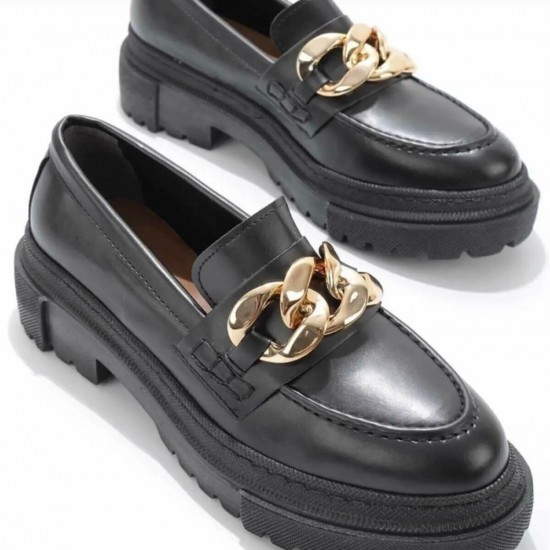 Siyah Altın Zincirli Toka Deri Loafer Ayakkabı