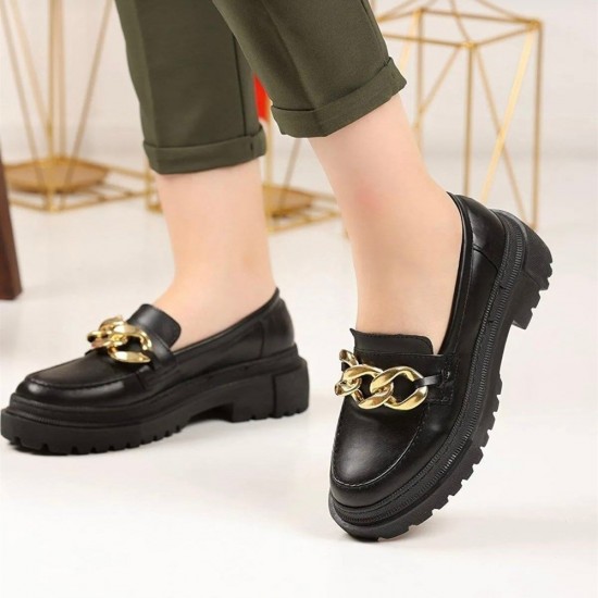 Siyah Altın Zincirli Toka Deri Loafer Ayakkabı