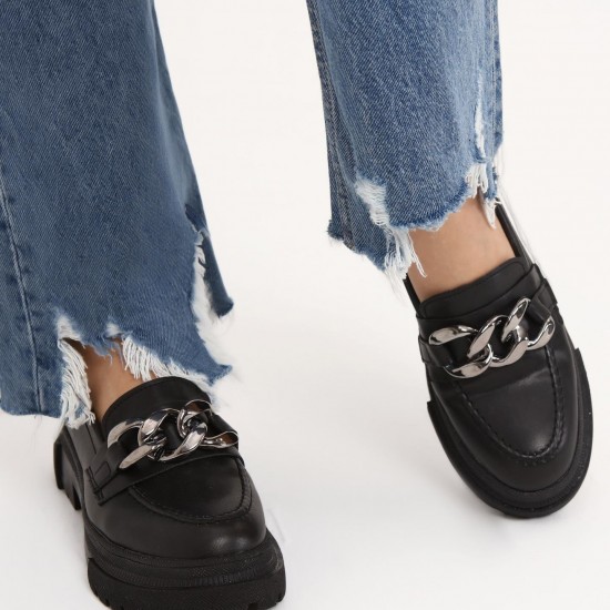 Siyah Gümüş Toka Deri Loafer Ayakkabı