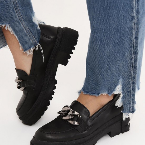 Siyah Gümüş Toka Deri Loafer Ayakkabı