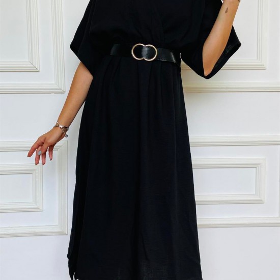 Siyah Keten Kemerli Elbise