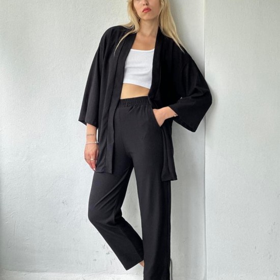 Siyah Kimono Bel Lastikli Pantolon Örme Bürümcük Kumaş Ikili Takım