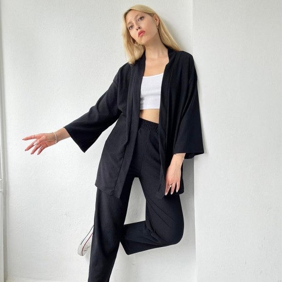 Siyah Kimono Bel Lastikli Pantolon Örme Bürümcük Kumaş Ikili Takım