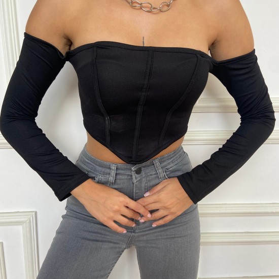 Siyah Sırt Fermuarlı Ön Şeritli Crop