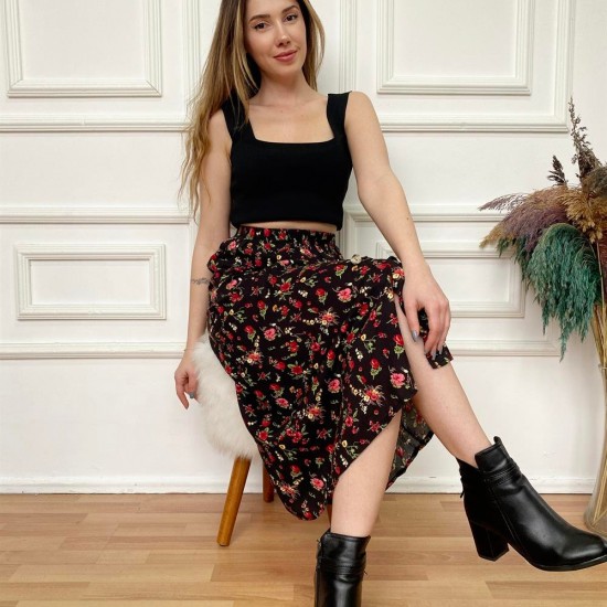 Siyah Triko Askılı Siyah Çiçekli Etek