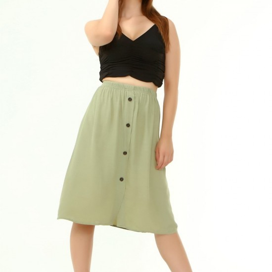 Su Yeşili Bel Lastikli Viskon Midi Etek
