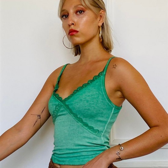 Yeşil Renk Yumuşacık Dokulu Kaşkorse Askılı Crop