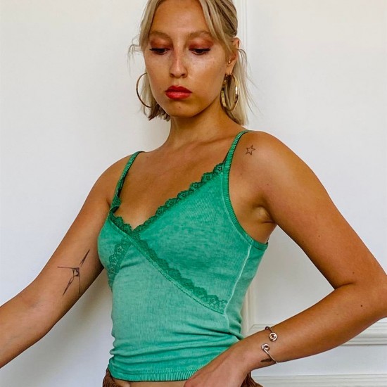 Yeşil Renk Yumuşacık Dokulu Kaşkorse Askılı Crop