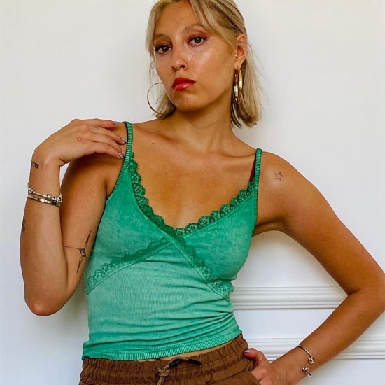 Yeşil Renk Yumuşacık Dokulu Kaşkorse Askılı Crop