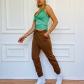 Yeşil V Yaka Askılı Kahverengi Jogger