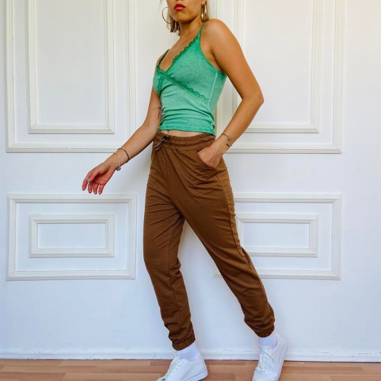 Yeşil V Yaka Askılı Kahverengi Jogger