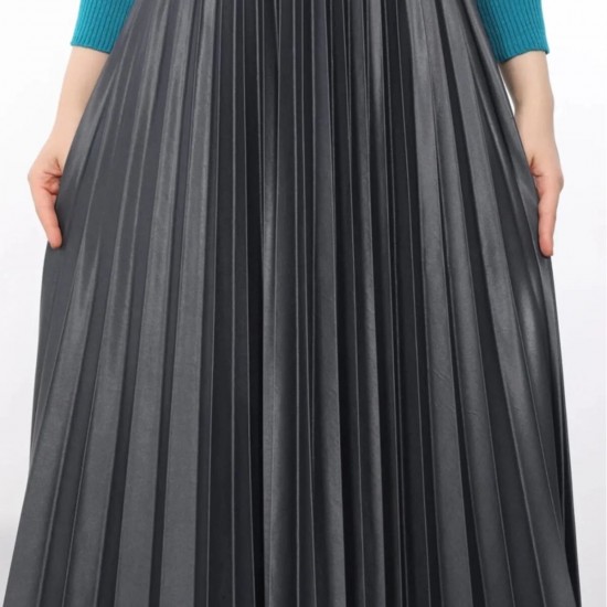 Kadın Siyah Deri Görünümlü Piliseli Etek