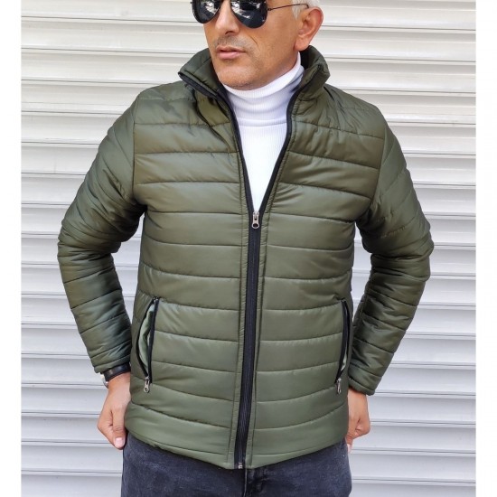 Şişme Yatay Şeritli Haki Yeşili Slim Fit Mont