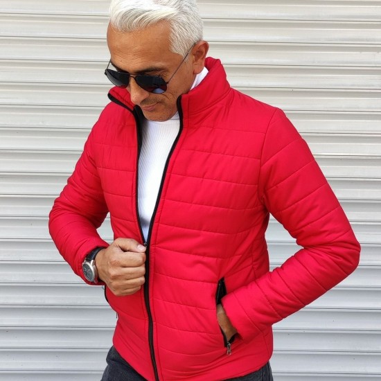 Şişme Yatay Şeritli Kırmızı Slim Fit Mont