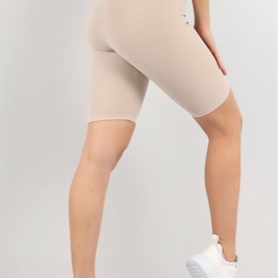 Bej Renk Fitilli Seamles Kısa Şort Tayt Yüksek Bel Örme Biker Spor tayt Toparlayıcı