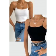 Kadın İp Askılı Crop Bluz Beyaz & Siyah 2li Set