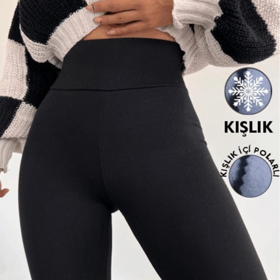 Kadın Siyah Kışlık Yüksek Bel Toparlayıcı Korseli İnterlok Çelik Örme Tayt İç Göstermez