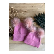 Pembe Anne Kız Çift Ponponlu Bere
