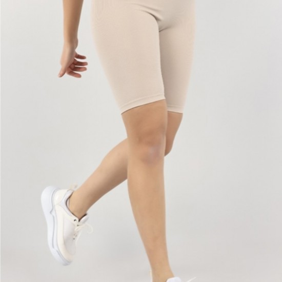 Bej Renk Fitilli Seamles Kısa Şort Tayt Yüksek Bel Örme Biker Spor tayt Toparlayıcı